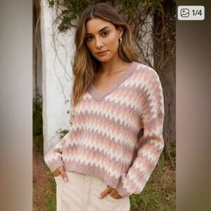 POL Brown and Cream V-Neck Sweater with Chevron Pattern